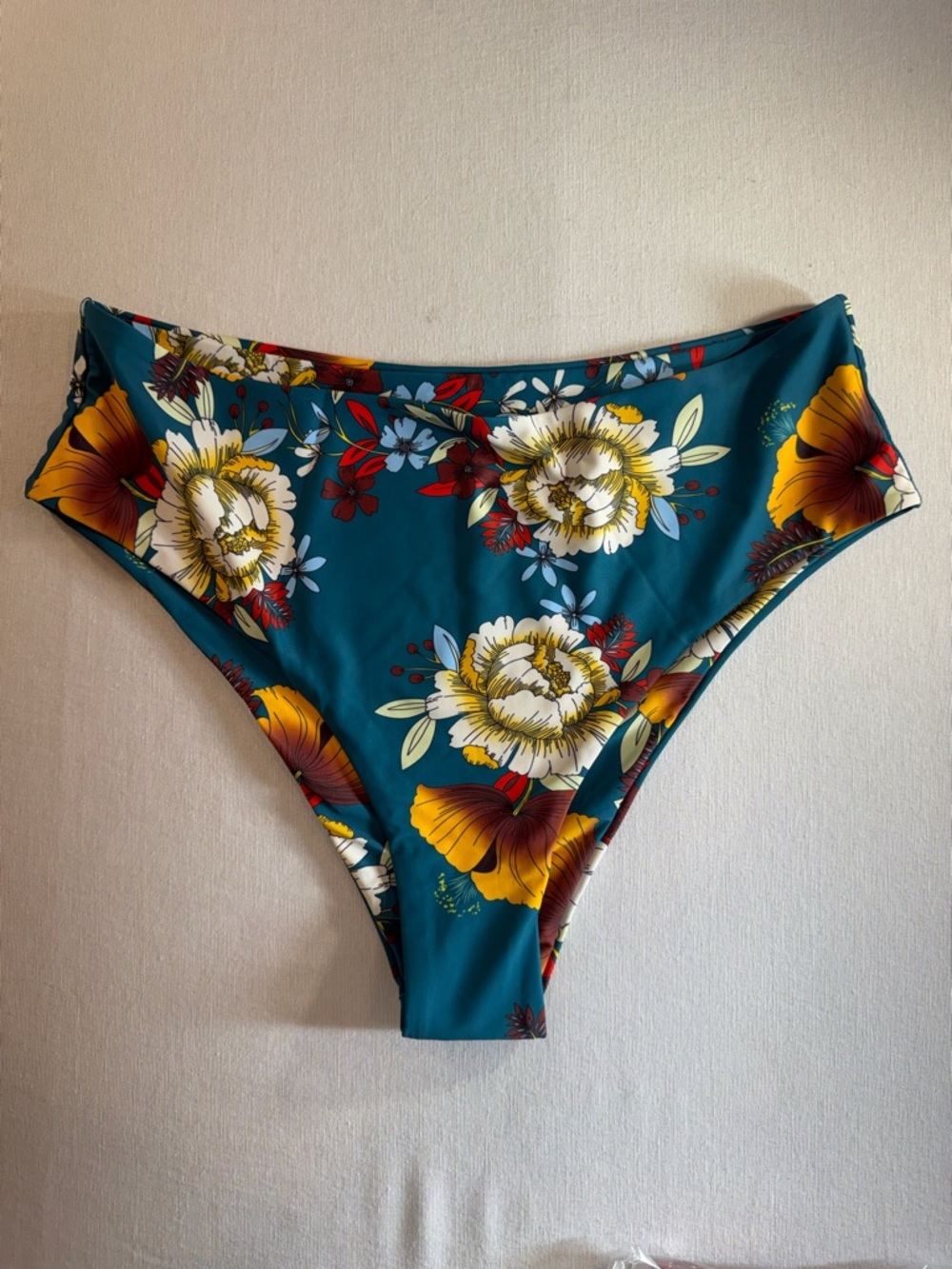 Zaful Teal Floral Bikini Bottom with Yellow and Red Blooms